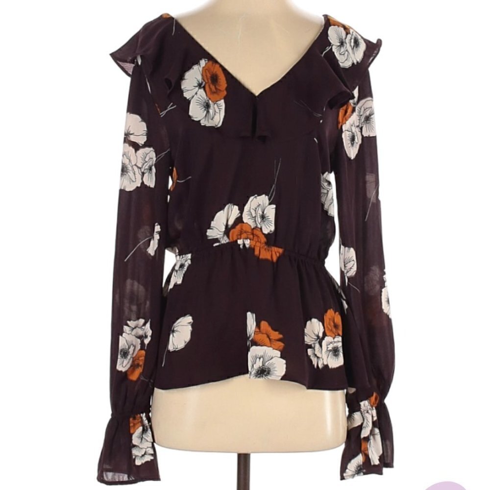 Cupcakes and Cashmere Deep Purple Floral Ruffle Long Sleeve Blouse Size Small - Picture 6 of 7